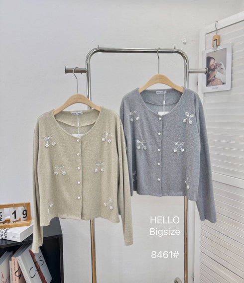 Round Neck Pearl Decor Cardigan